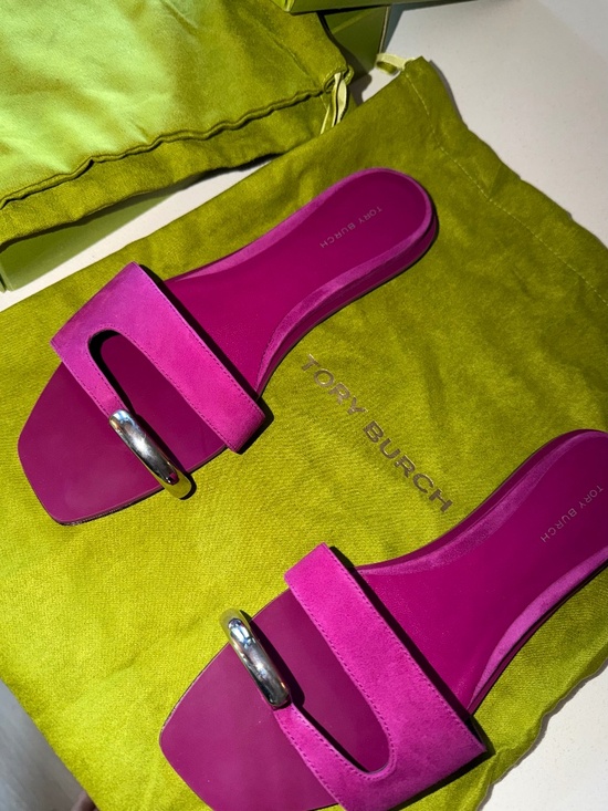 Tory Burch Shoes - NWT Tory Burch Pierced Suede Slides Fuchsia Pink Silver Size 8